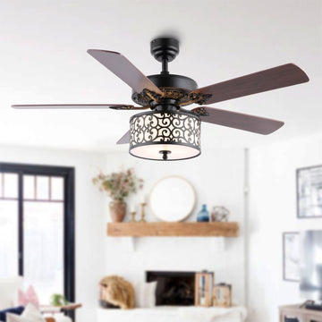 Paolo 52" Farmhouse Industrial Iron Scroll Drum Shade LED Ceiling Fan With Remote - JONATHAN Y